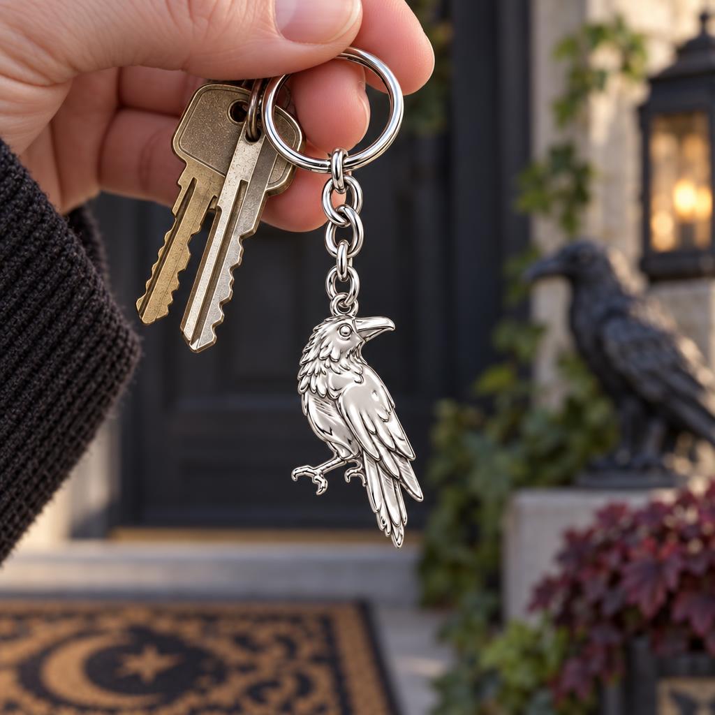 Mystic Raven Sentinel Charm Keychain – worn / in use
