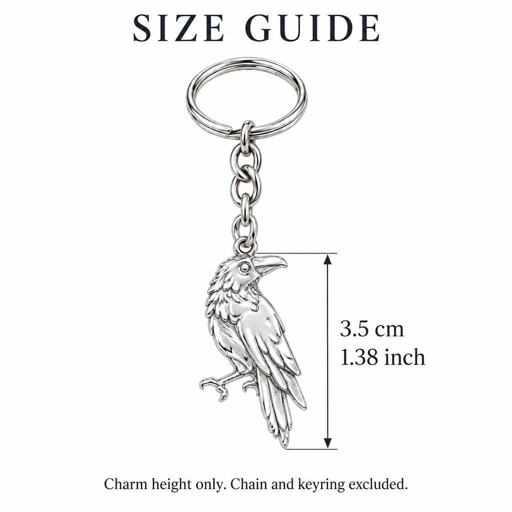 Mystic Raven Sentinel Charm Keychain – size guide, 3.5 cm (1.38 in) charm, chain and keyring excluded