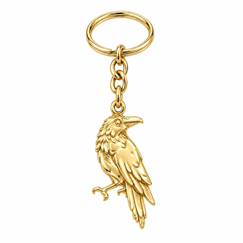 Mystic Raven Sentinel Charm Keychain – 18K gold, front view