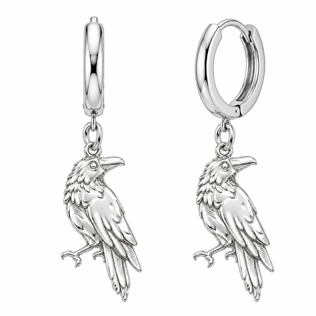 Mystic Raven Sentinel Huggie Charm Earrings – silver, front view