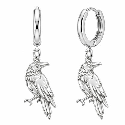 Mystic Raven Sentinel Huggie Charm Earrings – silver, front view