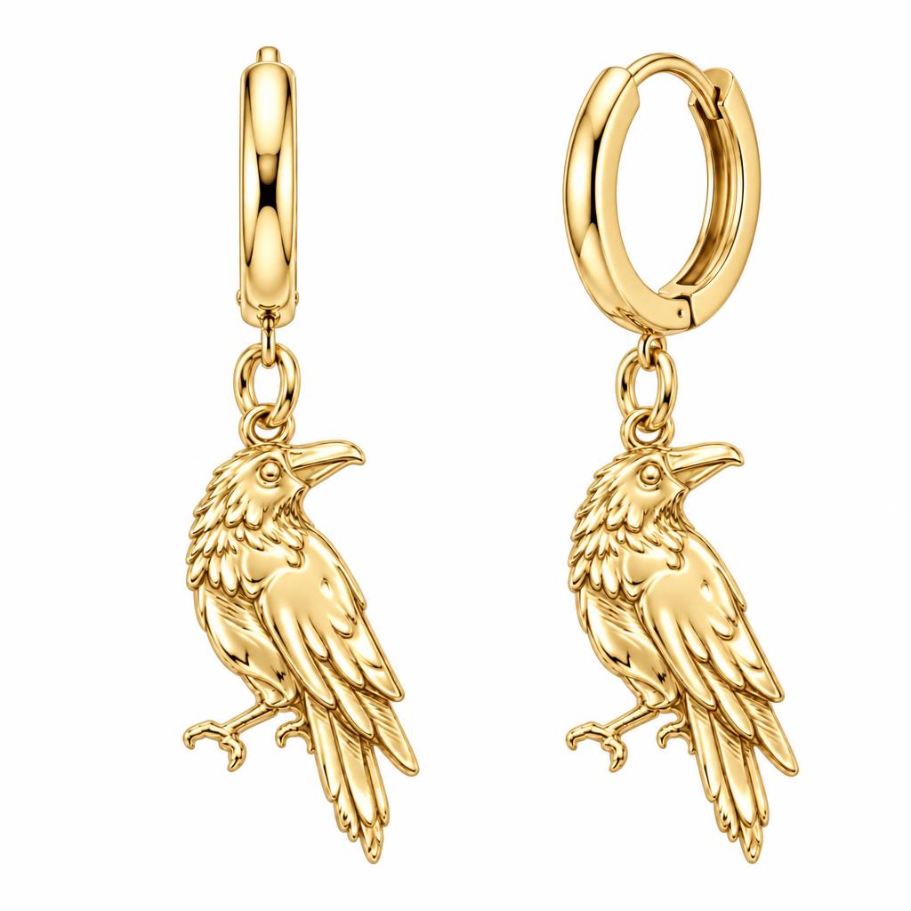 Mystic Raven Sentinel Huggie Charm Earrings – 18K gold, front view