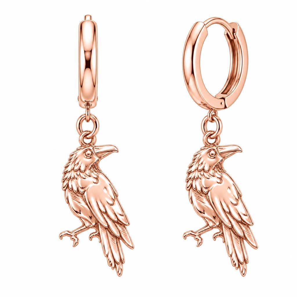 Mystic Raven Sentinel Huggie Charm Earrings – rose gold, front view