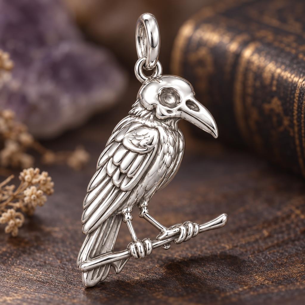 Mystic Raven Skull Charm Bracelet – Personalized Goth Gift – macro detail of the charm