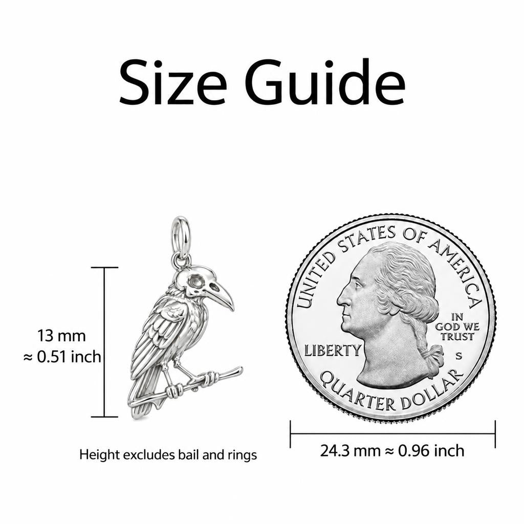 Mystic Raven Skull Charm Bracelet – Personalized Goth Gift – size guide, 13 mm charm next to a quarter