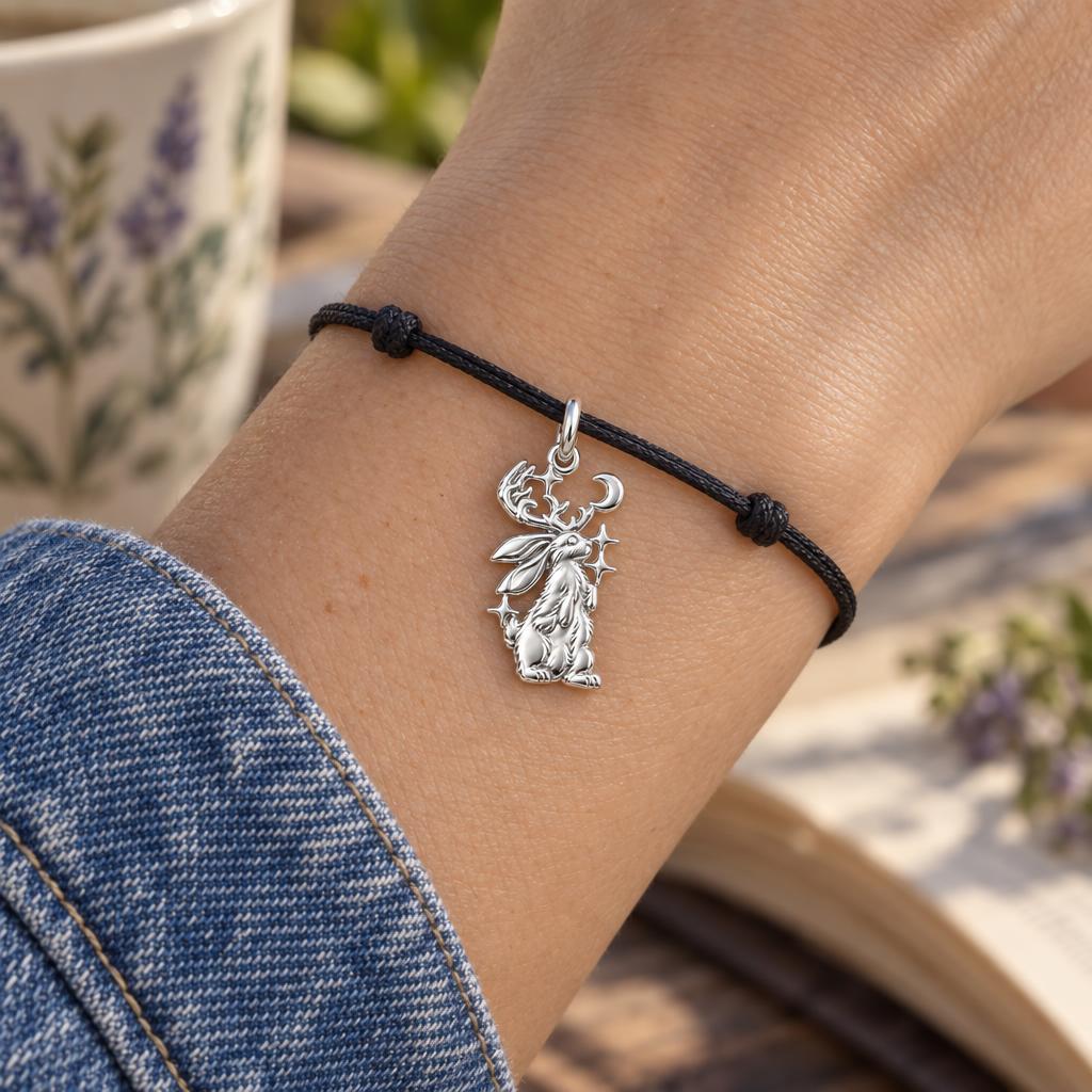 Mystical Jackalope Moon Charm Bracelet – Personalized Mom Gift – worn on the wrist on a black cord bracelet
