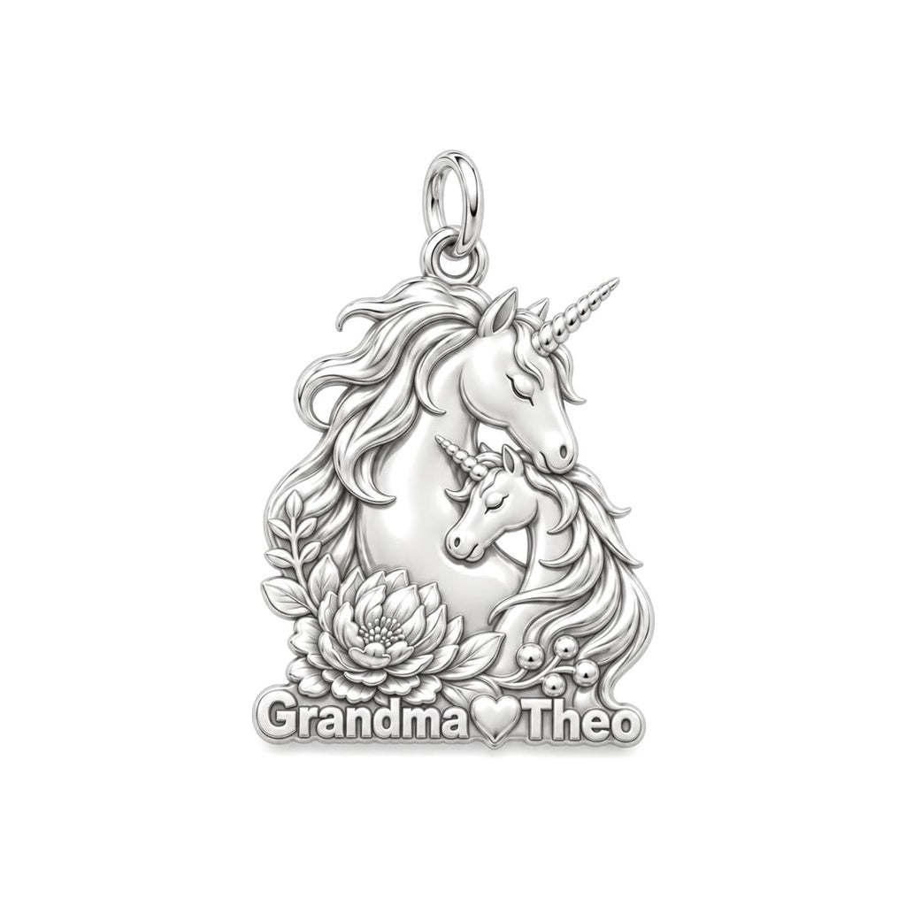 Mystical Unicorn Bond Charm Bracelet – Personalized Granddaughter Gift – silver plated 3 cm charm, front view
