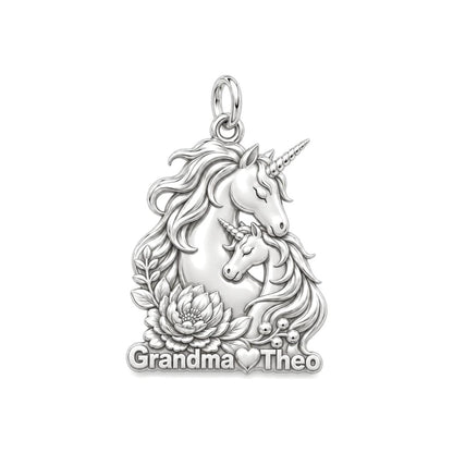 Mystical Unicorn Bond Charm Bracelet – Personalized Granddaughter Gift – silver plated 3 cm charm, front view