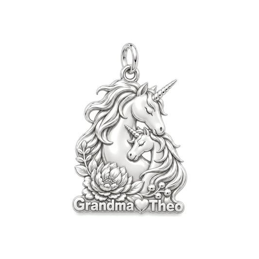 Mystical Unicorn Bond Charm Bracelet – Personalized Granddaughter Gift – silver plated 3 cm charm, front view