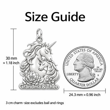 Mystical Unicorn Bond Charm Bracelet – Personalized Granddaughter Gift – size guide, 3 cm charm next to a quarter