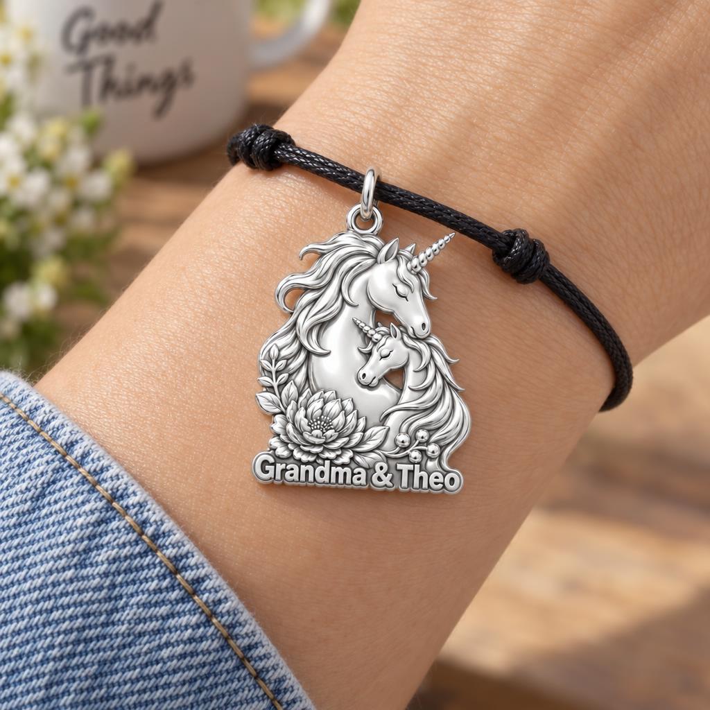 Mystical Unicorn Bond Charm Bracelet – Personalized Granddaughter Gift – worn on the wrist on a black cord bracelet