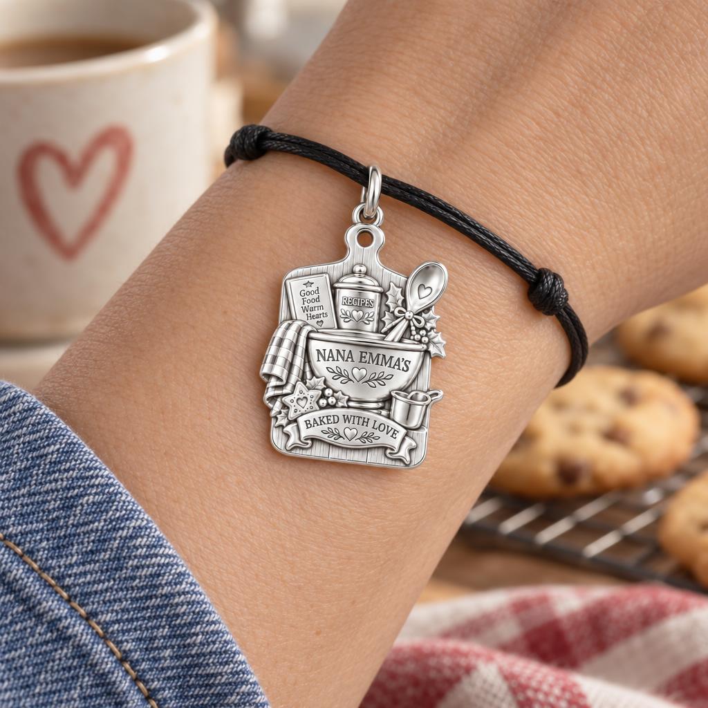 Nana's Heartfelt Kitchen Charm Bracelet – Personalized Gift – worn on the wrist on a black cord bracelet