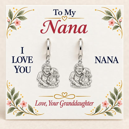 Nana's Sweetest Hug Huggie Charm Earrings – silver, on its message card
