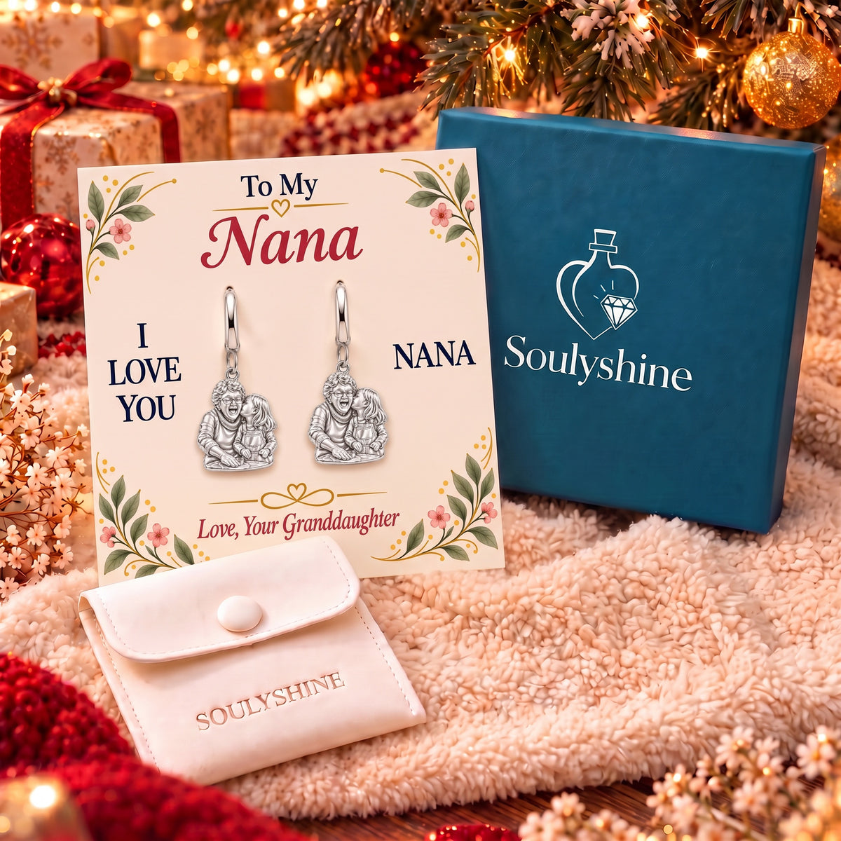 Nana's Sweetest Hug Huggie Charm Earrings – gift box with the message card