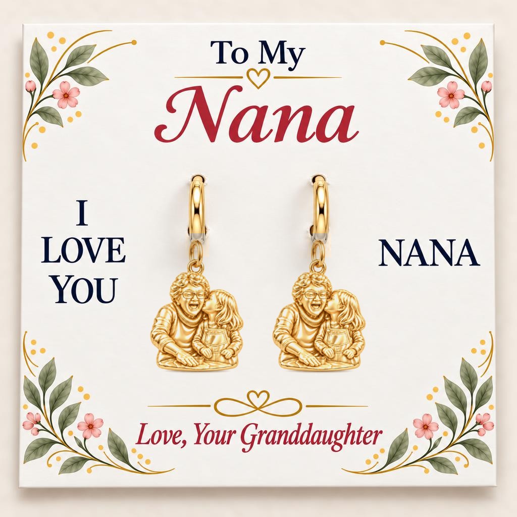 Nana's Sweetest Hug Huggie Charm Earrings – 18K gold, on its message card