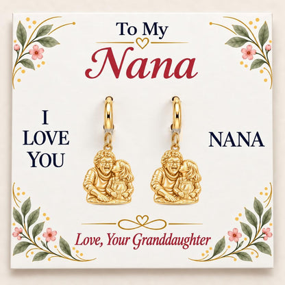 Nana's Sweetest Hug Huggie Charm Earrings – 18K gold, on its message card