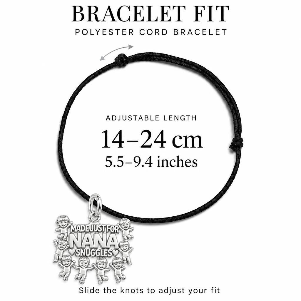 Nana Snuggles Photo Charm Bracelet – Personalized Nana Gift – adjustable black cord bracelet, 14–24 cm