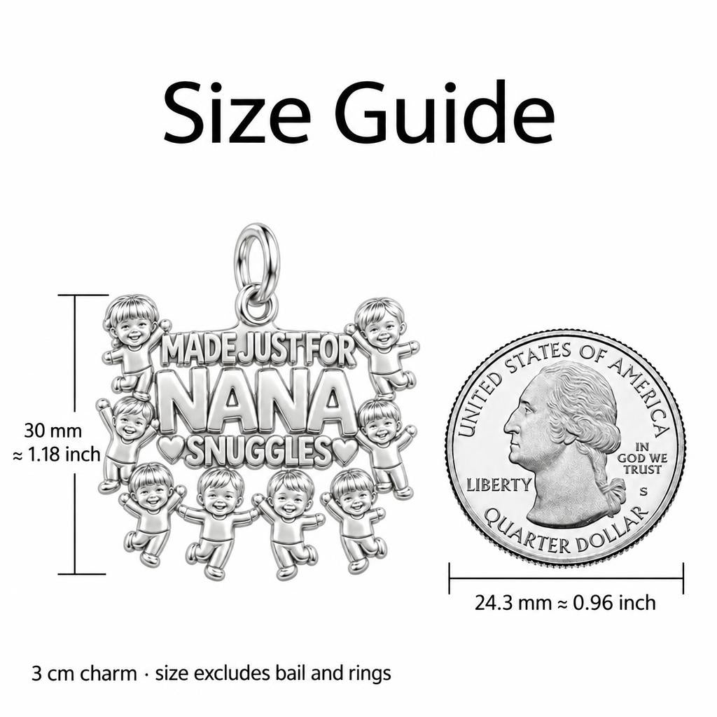 Nana Snuggles Photo Charm Bracelet – Personalized Nana Gift – size guide, 3 cm charm next to a quarter