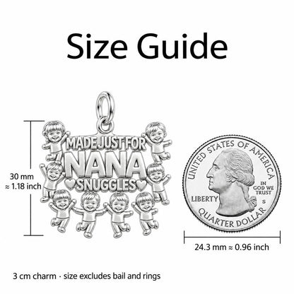 Nana Snuggles Photo Charm Bracelet – Personalized Nana Gift – size guide, 3 cm charm next to a quarter