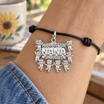 Nana Snuggles Photo Charm Bracelet – Personalized Nana Gift – worn on the wrist on a black cord bracelet