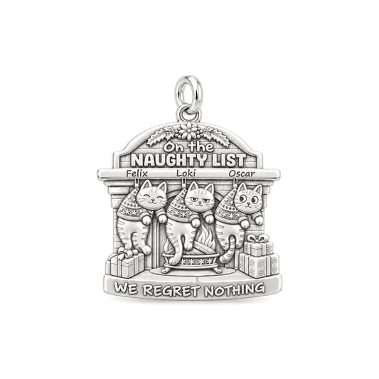 Naughty List Cats Charm Bracelet – Personalized Cat Mom Gift – silver plated 2 cm charm, front view
