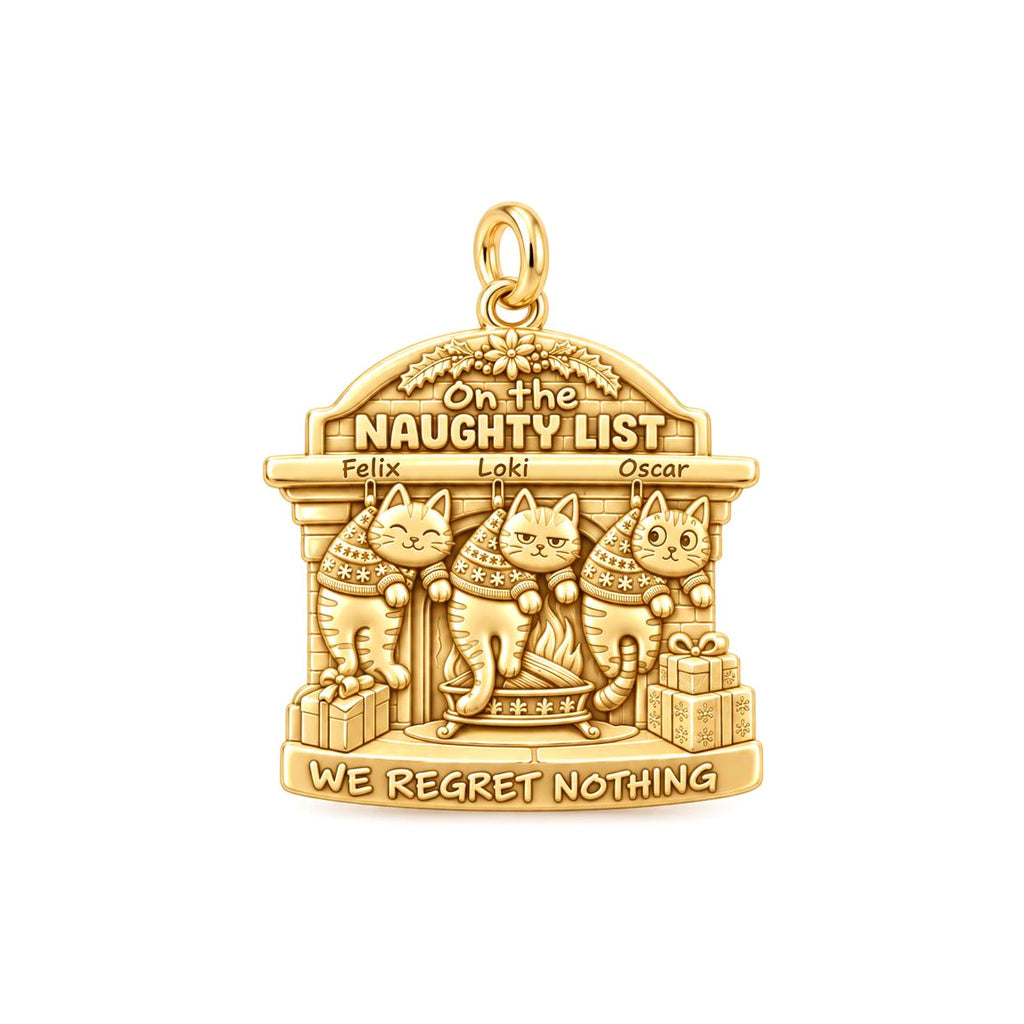 Naughty List Cats Charm Bracelet – Personalized Cat Mom Gift – 18K gold plated 3 cm charm, front view