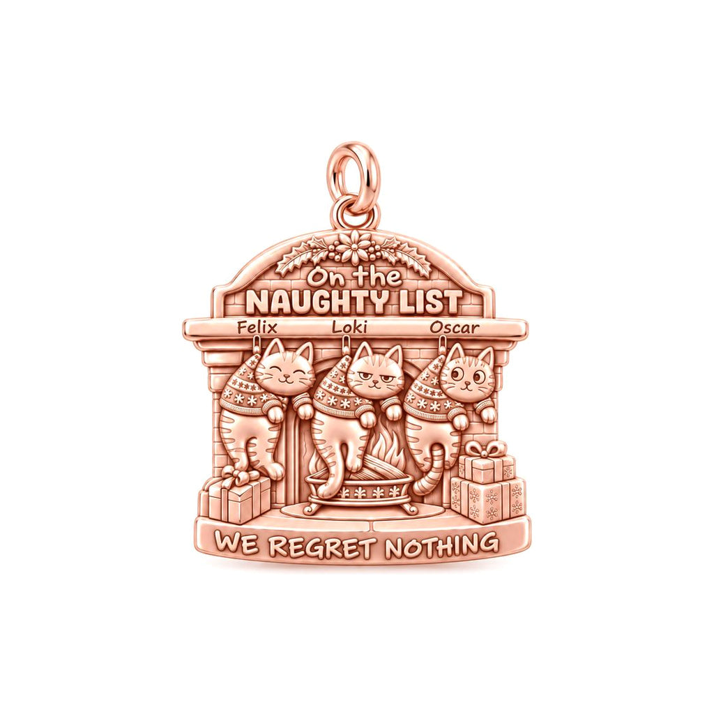 Naughty List Cats Charm Bracelet – Personalized Cat Mom Gift – rose gold 3 cm charm, front view