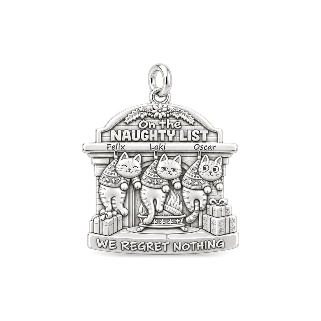 Naughty List Cats Charm Bracelet – Personalized Cat Mom Gift – silver plated 3 cm charm, front view
