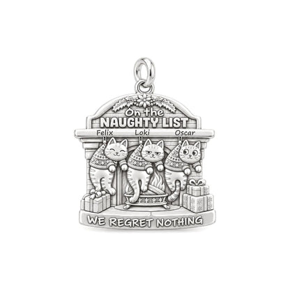 Naughty List Cats Charm Bracelet – Personalized Cat Mom Gift – silver plated 3 cm charm, front view