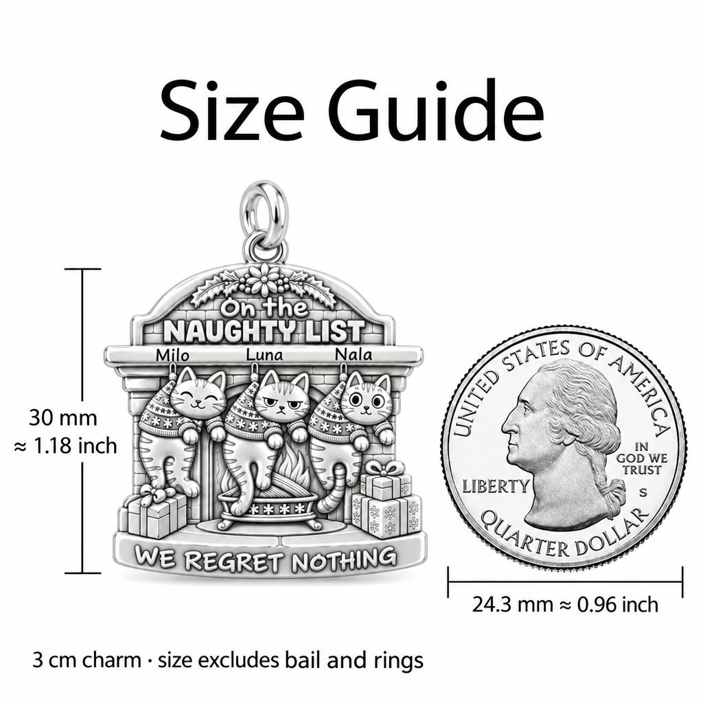 Naughty List Cats Charm Bracelet – Personalized Cat Mom Gift – size guide, 3 cm charm next to a quarter