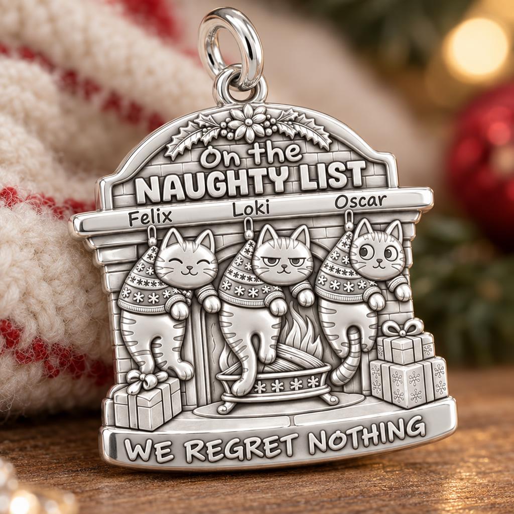 Naughty List Cats Charm Bracelet – Personalized Cat Mom Gift – worn on the wrist on a black cord bracelet