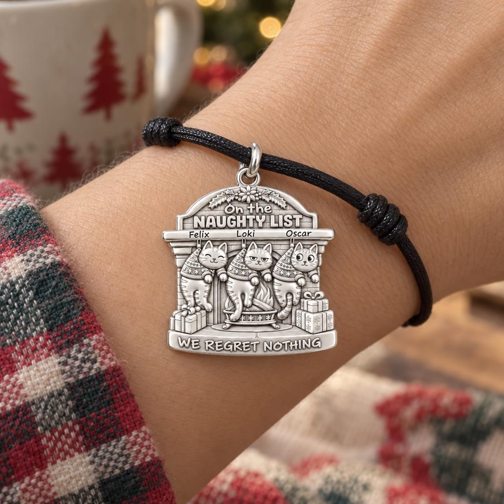 Naughty List Cats Charm Bracelet – Personalized Cat Mom Gift – worn on the wrist on a black cord bracelet