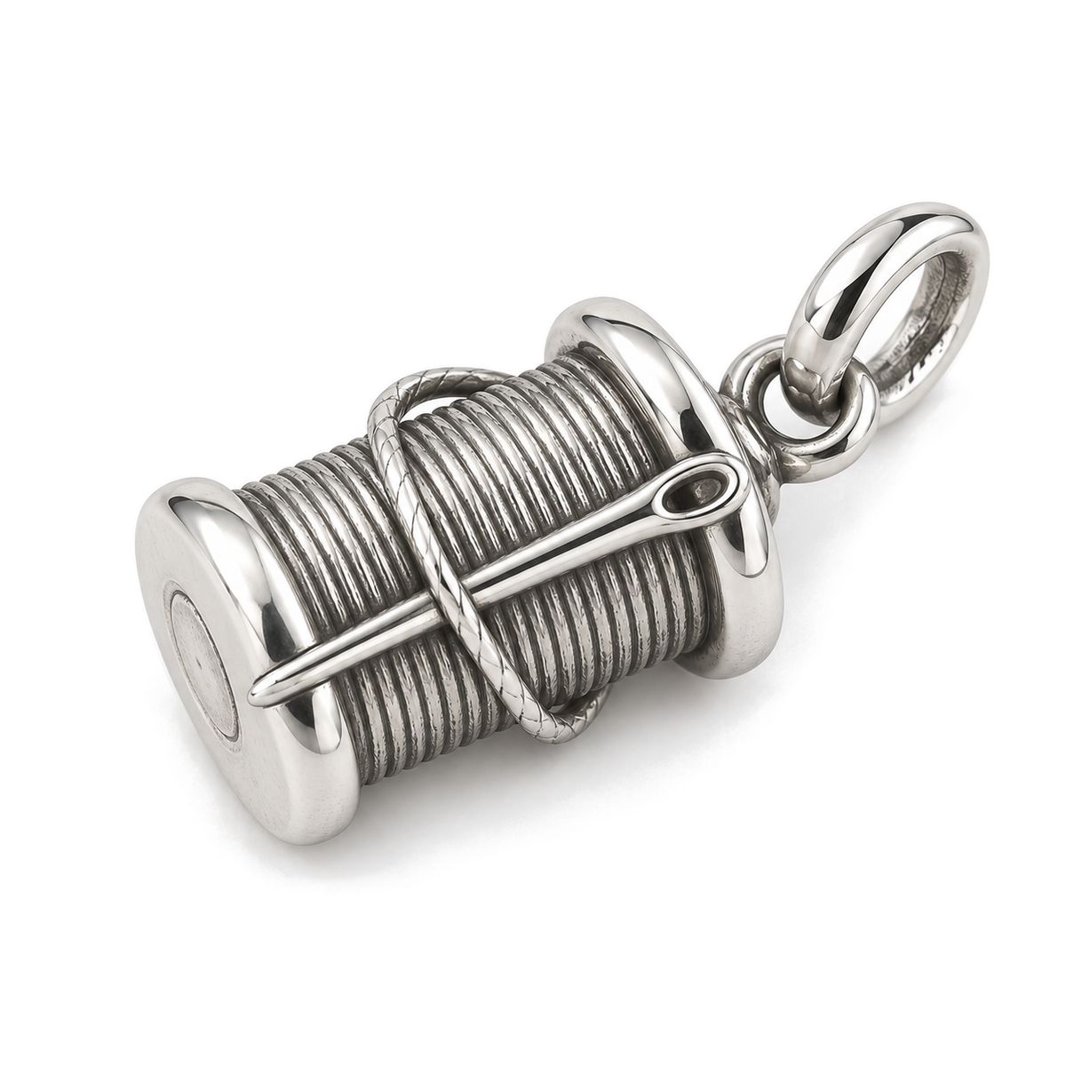 Needle & Thread Spool Charm — Silver Super Macro | charm-topics-remaining-444-2026-09-14 | topic-227