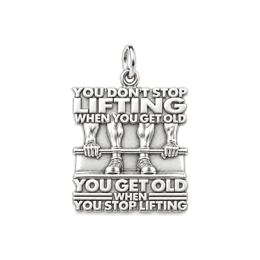 Never Stop Lifting Charm Bracelet – Personalized Athlete Gift – silver plated 3 cm charm, front view