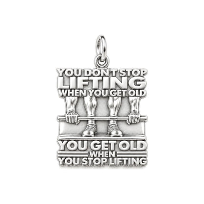 Never Stop Lifting Charm Bracelet – Personalized Athlete Gift – silver plated 3 cm charm, front view