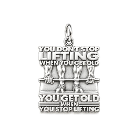 Never Stop Lifting Charm Bracelet – Personalized Athlete Gift – silver plated 3 cm charm, front view