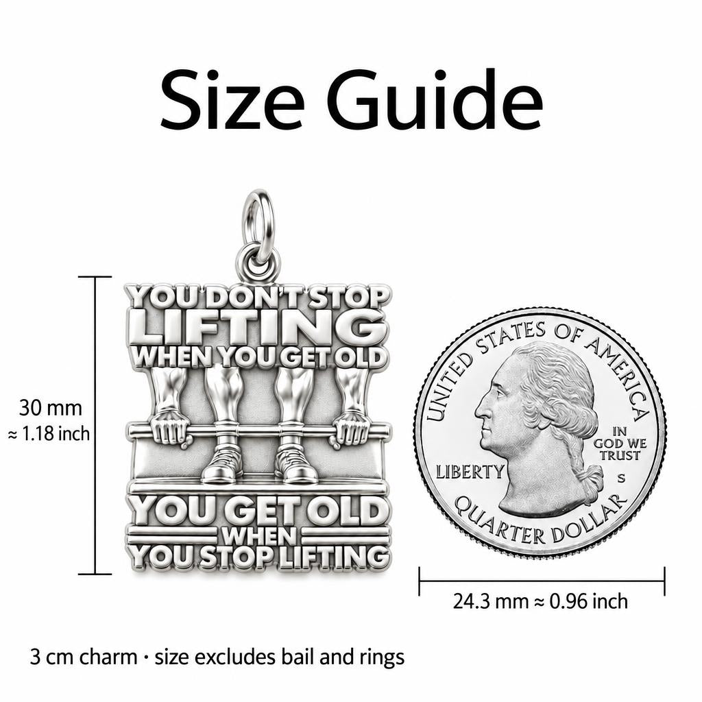 Never Stop Lifting Charm Bracelet – Personalized Athlete Gift – size guide, 3 cm charm next to a quarter