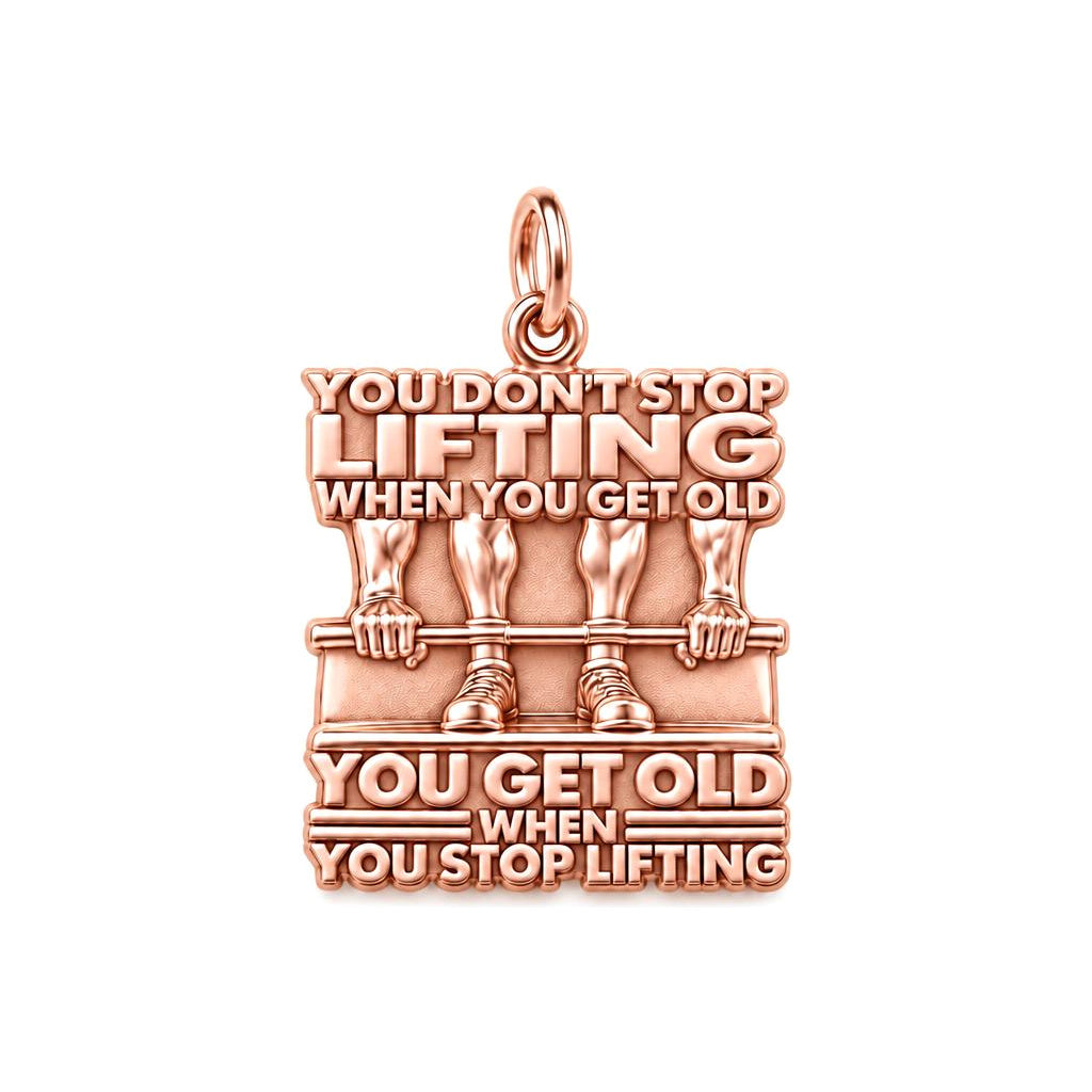 Never Stop Lifting Charm Bracelet – Personalized Athlete Gift – rose gold 3 cm charm, front view