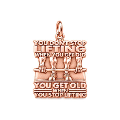 Never Stop Lifting Charm Bracelet – Personalized Athlete Gift – rose gold 3 cm charm, front view