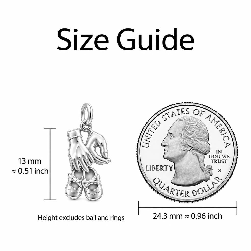 New Chapter Baby Shoes Charm Bracelet – Personalized Mom Gift – size guide, 13 mm charm next to a quarter