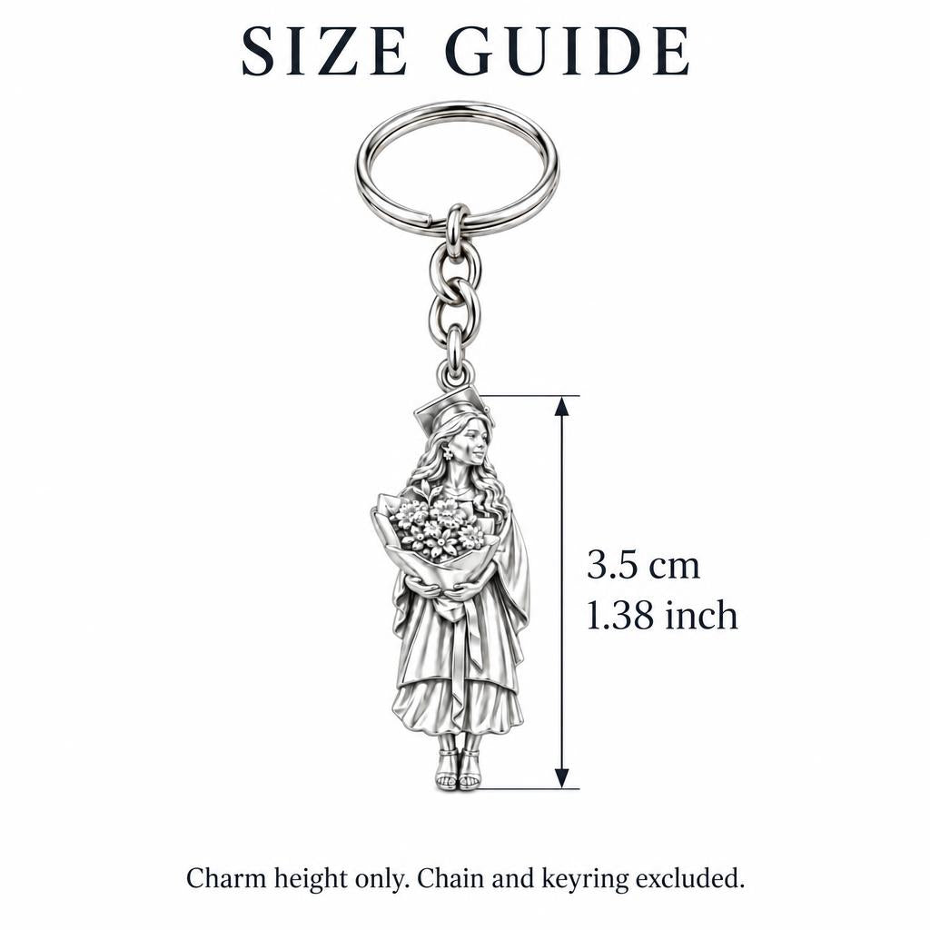New Horizons Graduate Charm Keychain – size guide, 3.5 cm (1.38 in) charm, chain and keyring excluded
