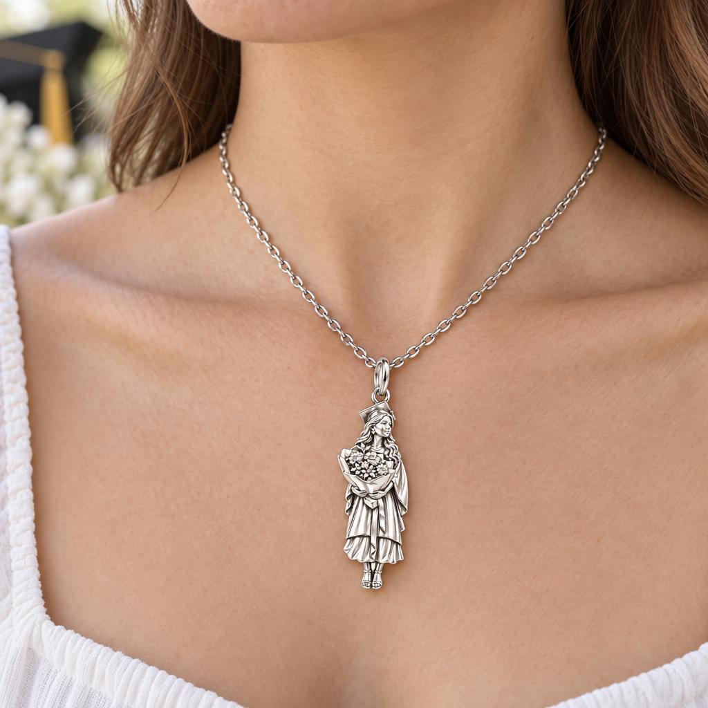 New Horizons Graduate Charm Necklace Set – worn / in use
