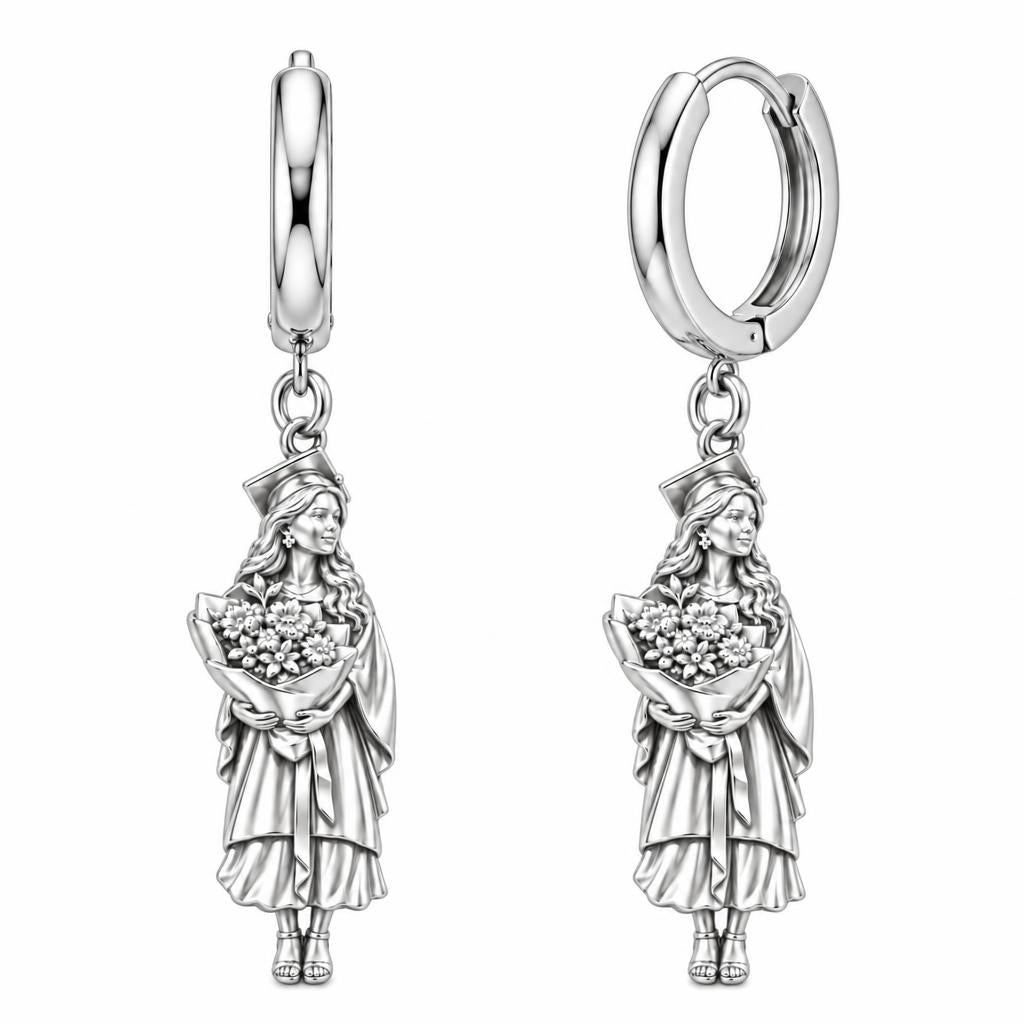 New Horizons Graduate Huggie Charm Earrings – silver, front view