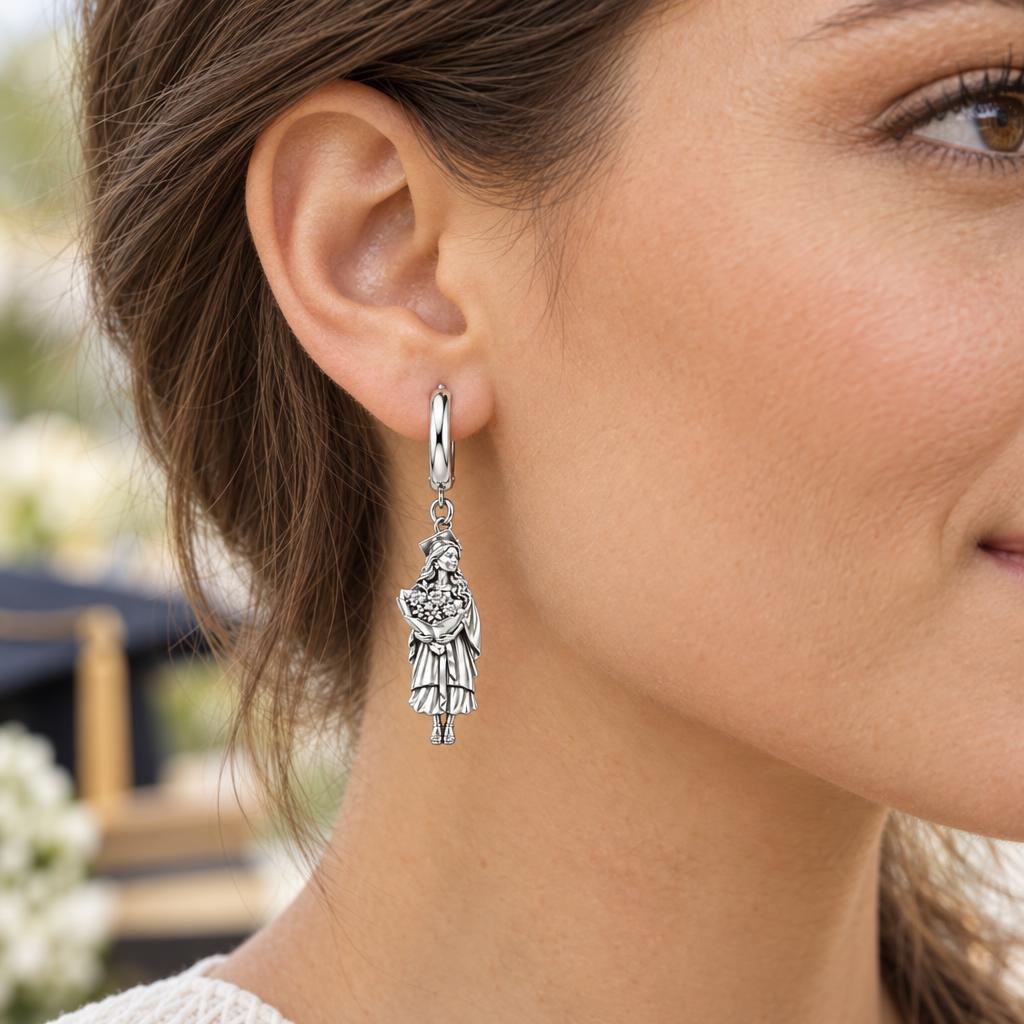 New Horizons Graduate Huggie Charm Earrings – worn / in use