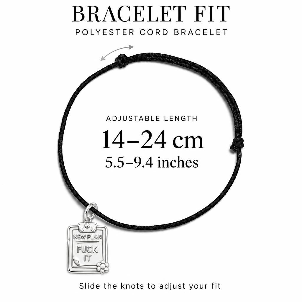 New Plan Clipboard Charm Bracelet – Personalized Bestie Gift – adjustable black cord bracelet, 14–24 cm
