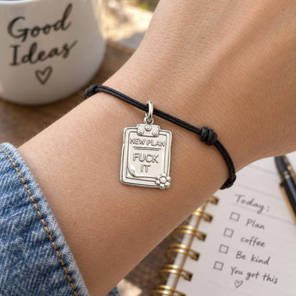 New Plan Clipboard Charm Bracelet – Personalized Bestie Gift – worn on the wrist on a black cord bracelet