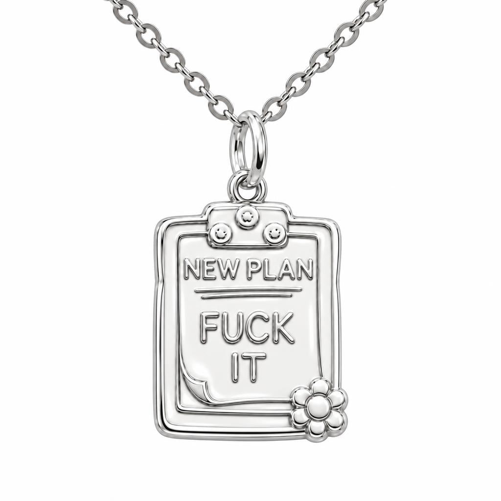 New Plan Clipboard Charm Necklace Set – silver, front view