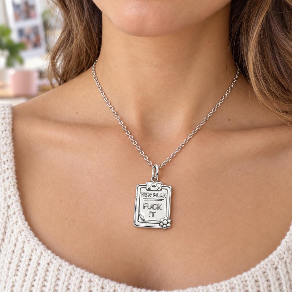 New Plan Clipboard Charm Necklace Set – worn / in use