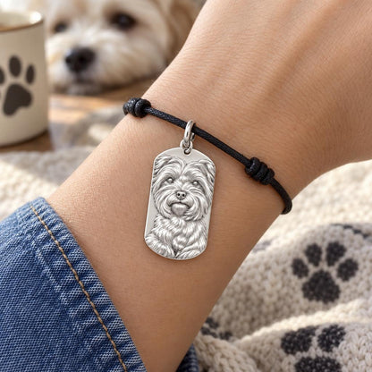 New Wings Pet Portrait Charm Bracelet – Personalized Dog Mom Gift – worn on the wrist on a black cord bracelet