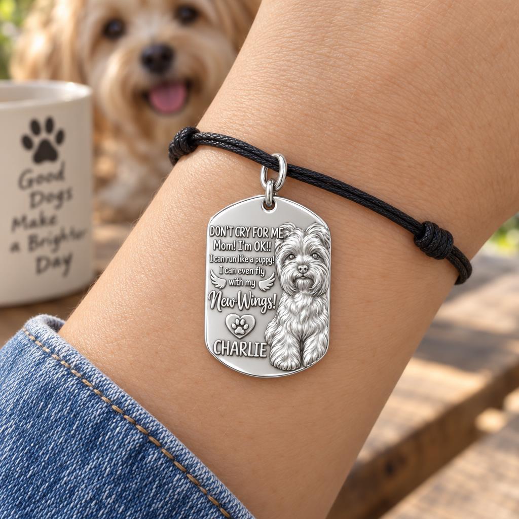 New Wings Pet Portrait Charm Bracelet – Personalized Dog Mom Gift – worn on the wrist on a black cord bracelet